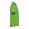 A green men's short sleeve performance polo with a collar and a logo on the side.