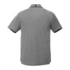 A grey men's short sleeve performance polo shirt featuring a subtle logo on the back and contrasting details.