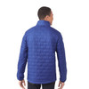A blue lightweight insulated puffer jacket viewed from the back, featuring a stand-up collar and a quilted design.