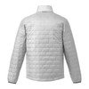 A lightweight packable insulated puffer jacket in light grey with a quilted design and logo.