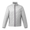 A lightweight packable insulated puffer jacket in silver with zippered pockets and a high collar.