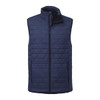 A navy insulated puffer vest with a stand-up collar and zippered front, featuring a logo on the side.