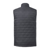 A grey lightweight packable insulated puffer vest with a quilted texture and no sleeves. Features a branding logo.