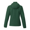 A green women's packable rain jacket with a hood, featuring a simple design and no visible branding.
