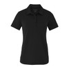 A black women's polo shirt with a collar and button placket, featuring a logo.