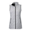 A lightweight packable insulated puffer vest in light grey with black accents and a high collar.