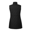 A black insulated puffer vest with a packable design and a quilted texture, featuring a collar and no sleeves.