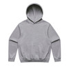 A grey hoodie featuring a front pocket and a hood, with a logo on the chest area.