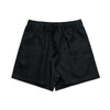 A pair of black linen shorts with an elastic waistband and drawstring. They have a simple, classic design.