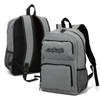 A grey backpack featuring padded straps, mesh side pockets, and a logo on the front.