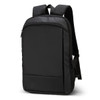 A black backpack with a sleek design, featuring a zippered front pocket and adjustable shoulder straps.