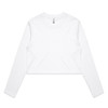 A white long-sleeve cropped tee with a minimalist design and a logo present.