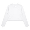 A white long-sleeve crop t-shirt with a simple design, featuring a logo.