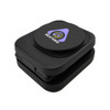A black 3-in-1 wireless charger with a circular top featuring a logo. Compact and portable design.