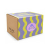 A rectangular cardboard box with a colourful wave design in purple and yellow, featuring a logo on the front.