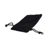 A black velour drawstring pouch with two black drawstrings, featuring a logo.