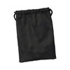A black drawstring pouch with a textured surface and a cinched closure at the top. It features a logo.