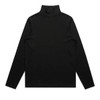 A black turtleneck jumper with long sleeves, featuring a high neck and a plain design. 