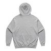 A grey hoodie with a spacious hood and long sleeves, featuring a logo on the back.
