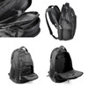 A black Vibe Backpack featuring multiple compartments, a mesh pocket, and a zippered front pocket. It also has a logo.