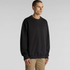 A black jumper with a relaxed fit, featuring long sleeves and a round neckline. It has a logo on the sleeve.
