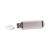 A silver flash drive with a removable cap, featuring a sleek and modern design.