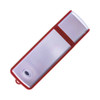 A red and silver flash drive featuring a sleek design and a logo on the surface.