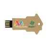 A flash drive shaped like an arrow, featuring a brown design with logos in vibrant colours.