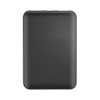 A black power bank with a sleek design, featuring a logo on the surface.