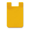 A bright yellow silicone phone wallet with a curved design and a logo on the surface.