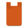 An orange silicone phone wallet with a curved design and a logo. Ideal for attaching to the back of a phone.