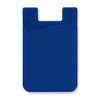 A blue silicone phone wallet with a curved design and a slot at the top, featuring a logo.
