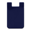 A navy silicone phone wallet with a curved design and a slot for cards. It has a branding logo on it.