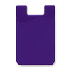 A purple silicone phone wallet with a curved design and a slot for cards. Features a logo on the surface.