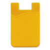 A yellow silicone phone wallet with a curved design and a cut-out for easy attachment to a phone.