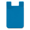 A blue silicone phone wallet with a wave design and a logo, featuring a slot for cards.