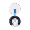 A coiled navy charging cable is housed in a transparent circular case with a blue strap.