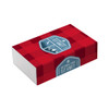 A red and white checkered box featuring a logo, designed for packaging.