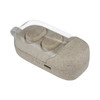 Eco-friendly beige earbuds in a transparent case, featuring a logo.