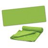 A green cooling towel rolled and unfolded, featuring a textured surface, with a small logo present.