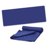 A navy cooling towel rolled up with a flat section displaying the texture. It includes branding.