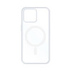 A transparent white MagSafe iPhone case featuring a circular magnetic area. The case has a minimalistic design.