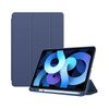 A navy blue iPad case with a foldable stand, designed for tablet protection and featuring a logo.