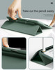 A green iPad case with a slot for a pencil, featuring a triangular stand and a textured surface.