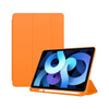 An orange iPad case with a folded cover, featuring an open tablet displaying abstract blue and purple shapes.