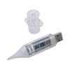 A syringe-shaped flash drive in clear plastic, featuring a USB connector and a removable cap.