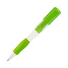 A green and clear pen with a textured grip and a click mechanism on top, featuring a logo.