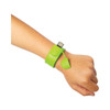 A green USB flash drive designed as a slap bracelet, worn on a wrist with a removable cap.