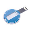 A round blue and white USB flash drive featuring a retractable connector and a logo on the surface.