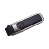 A metal and black leather flash drive with a sleek design, featuring a secure clip and branding.